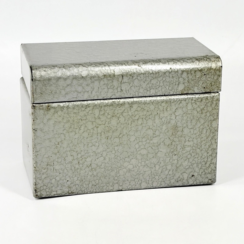 Vintage Industrial Hammered Metal Storage Box Hinged Lid Card File Utility
